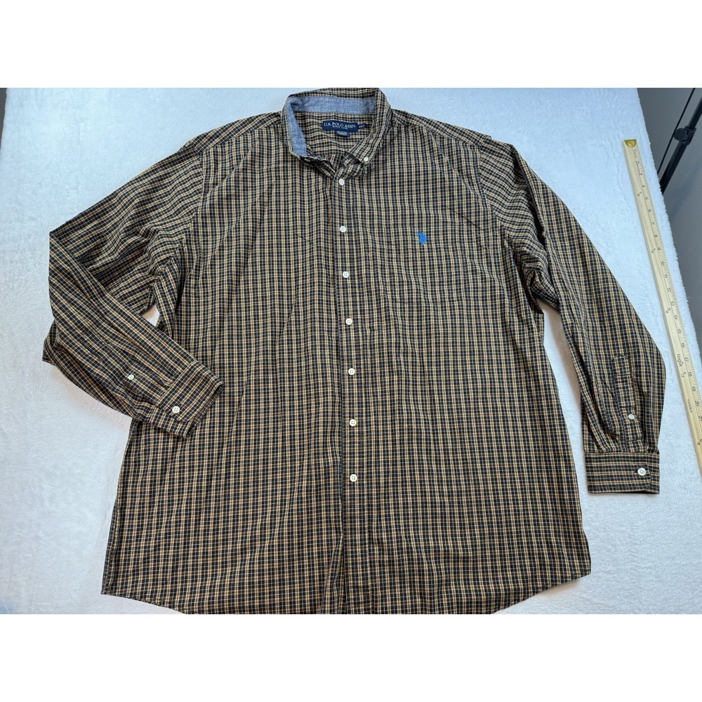 US Polo Assn Button Down Shirt Mens 2XLT Brown Checkered Long Sleeve XXLT
